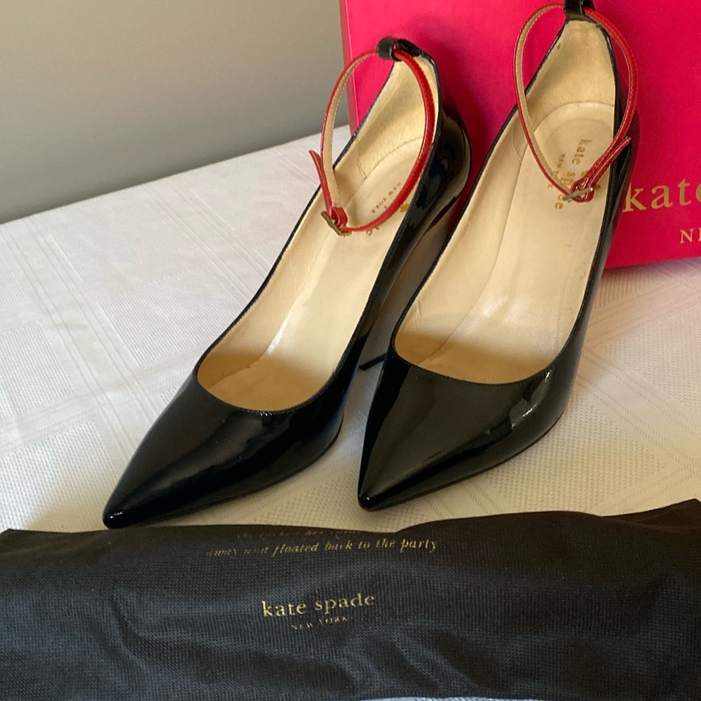 Kate Spade black Patent Leather Wedge with Red accent Ankle Straps